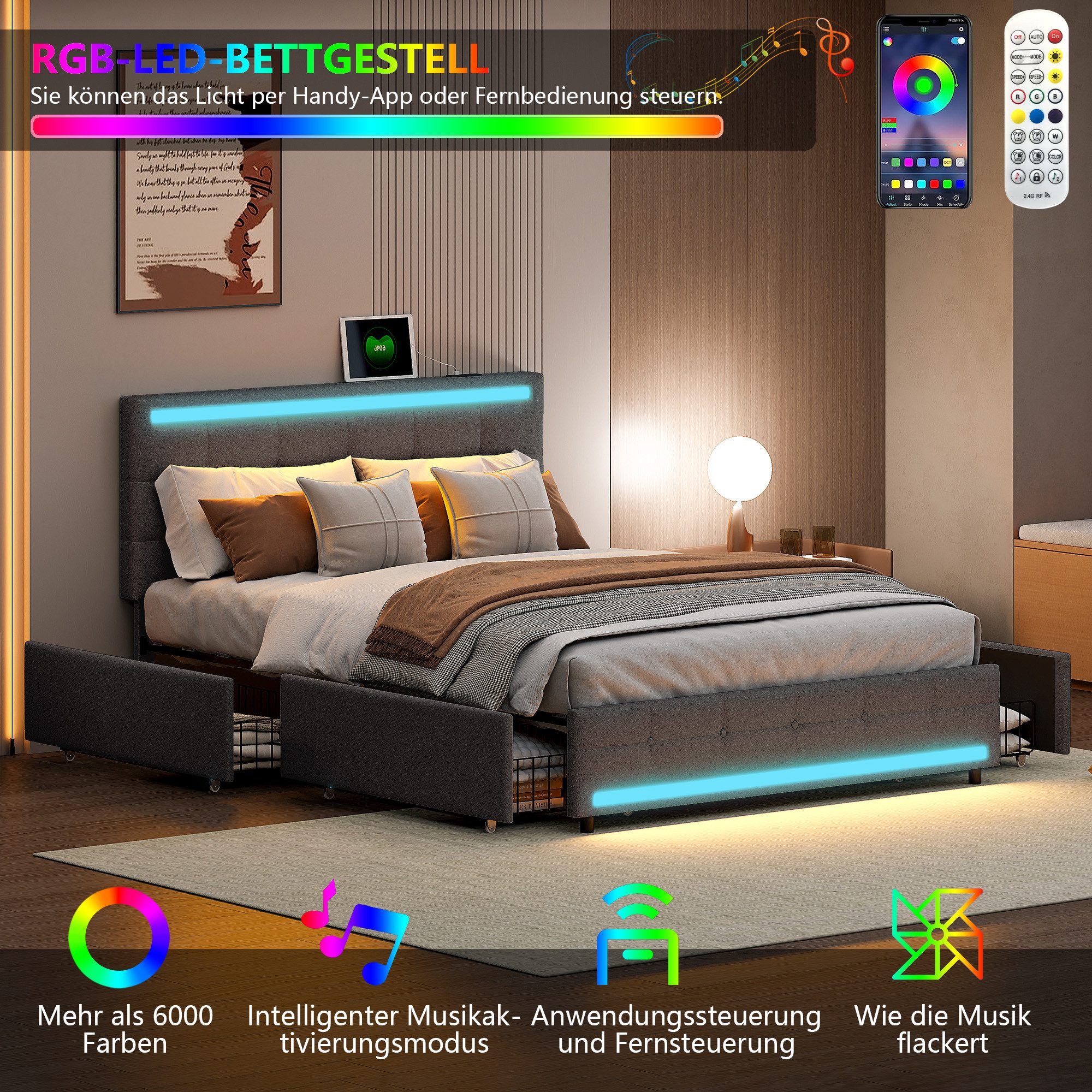 Polsterbett Doppelbett Stauraumbett Funktionbett- grau 2